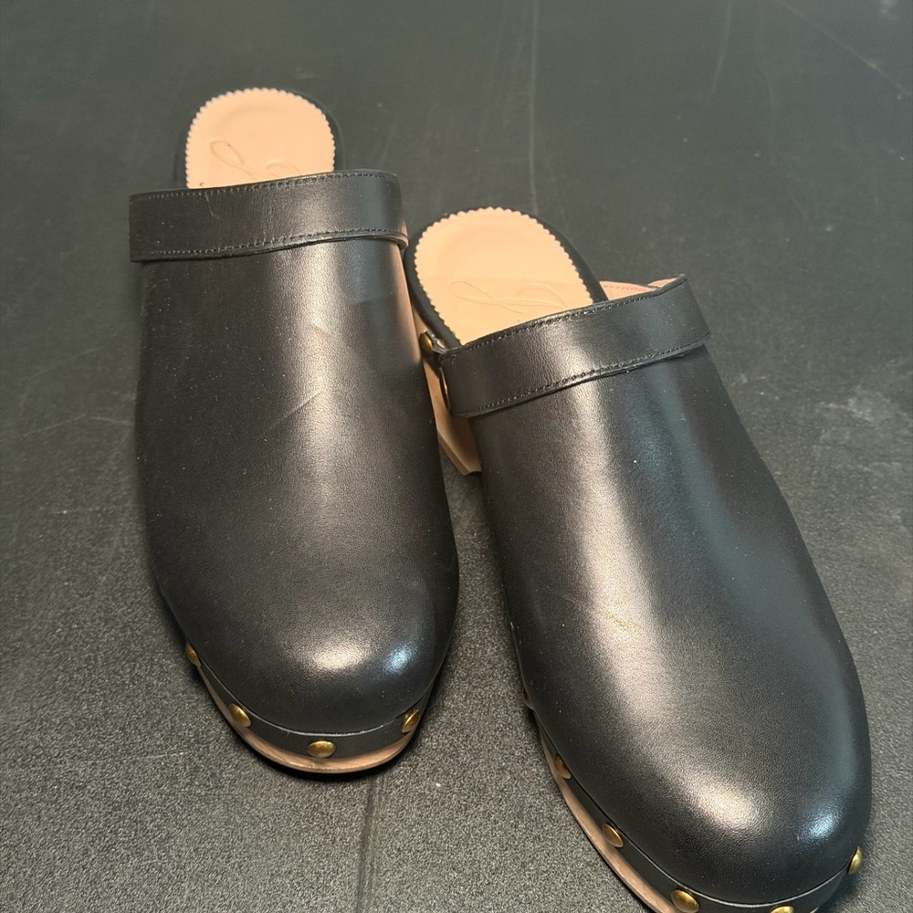 J. Crew Black Leather Mules with Gold Studs